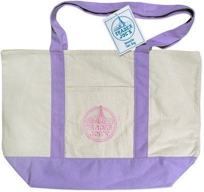 Trader Joe's Foldable Canvas Reusable Shopping Bag Beige Purple