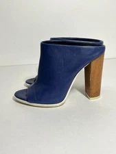 Vince EUC Navy Blue Leather Allison Open Toe 4" Block Heel Mule Shoe 6.5 37 EU