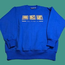 Vintage Alaska Wildlife Crewneck Sweatshirt Large Blue Nature Bear Wolf Moose