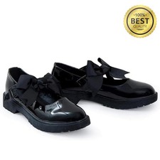 Girls Back to School Shoes Mary Jane Flat Shoe with Detachable Bow Black Patent