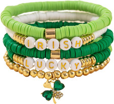 5 Pack Beaded Bracelets Set Stackable St. Patrick S Day Irish Lucky Shamrock Gre