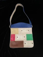 Vintage STYLECRAFT Vinyl Patchwork Handbag Lucite Labels NEW YORK PARIS ROME Gem