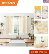 Linen Kitchen Window Curtains 40 Inch Length, Beige Cafe Drapes with Rod Pocket