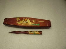 Handmade Wood Inlay Pencil Box & Pen Columbian Folk Art Desk Office