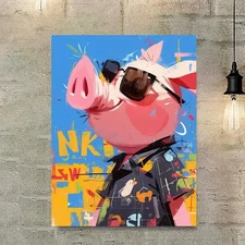 Cartoon Pig Design Framed Canvas Stretched Ready to Hang 50x40 Home decor Gift