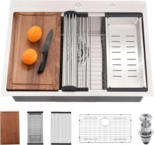 33 Inch Drop In Kitchen Sink Workstation with Accessories Gauge Stainless Steel