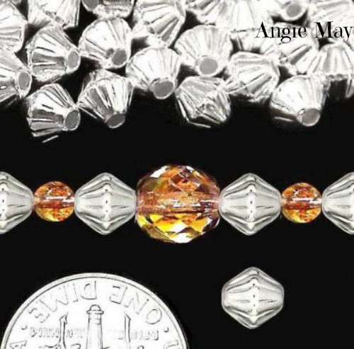 100 Pure Silver Plated Brass 6mm CORRUGATED Double Cone Beads - Bild 1 von 1