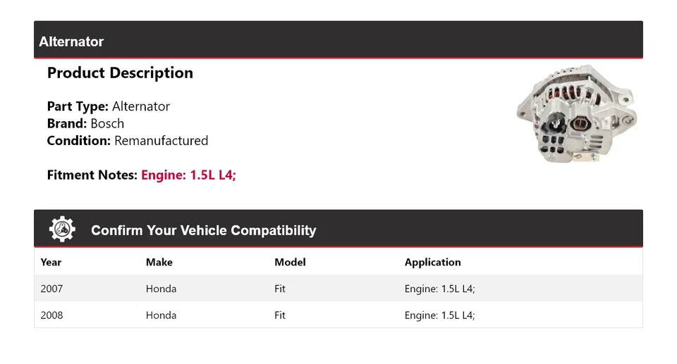 Alternador Bosch para Honda Fit 2007-2008 1,5 L L4 (remanufacturado) Foto 2 de 4