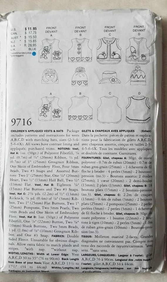 Vogue 9716 Craft Childs Appliqued Vest Hat Sewing Pattern - Image 3 of 4