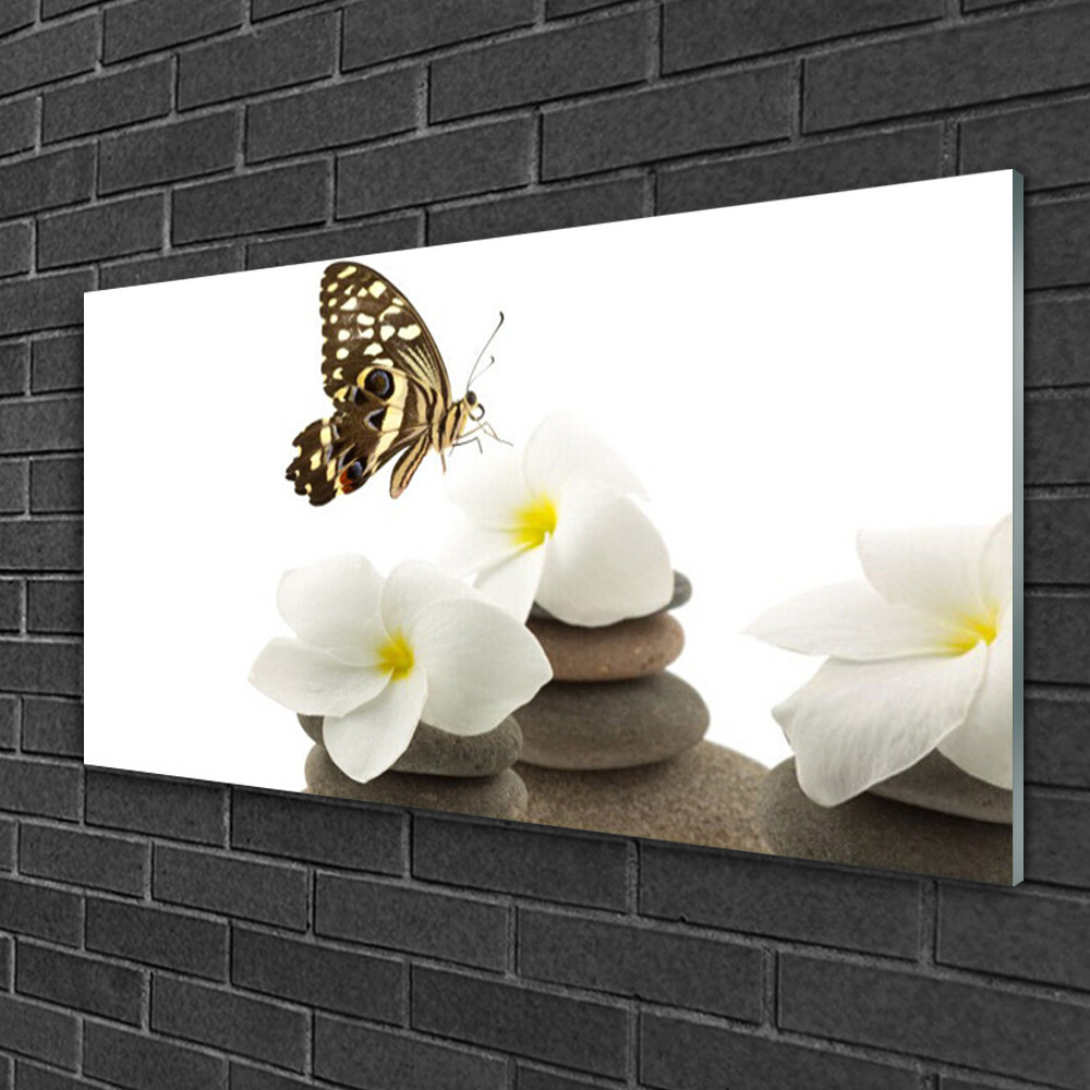 Tableau sur verre floral et papillon pour une décoration de salon zen 100x50