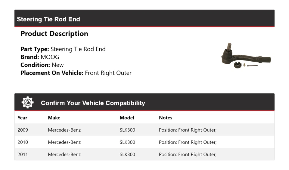 Extremo de barra de dirección exterior delantero derecho MOOG para Mercedes-Benz SLK300 2009-2011 Foto 2 de 4