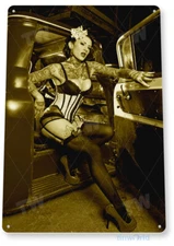 TIN SIGN Dismount Pin-Up Hot Rod Girl Garage Metal Décor B980