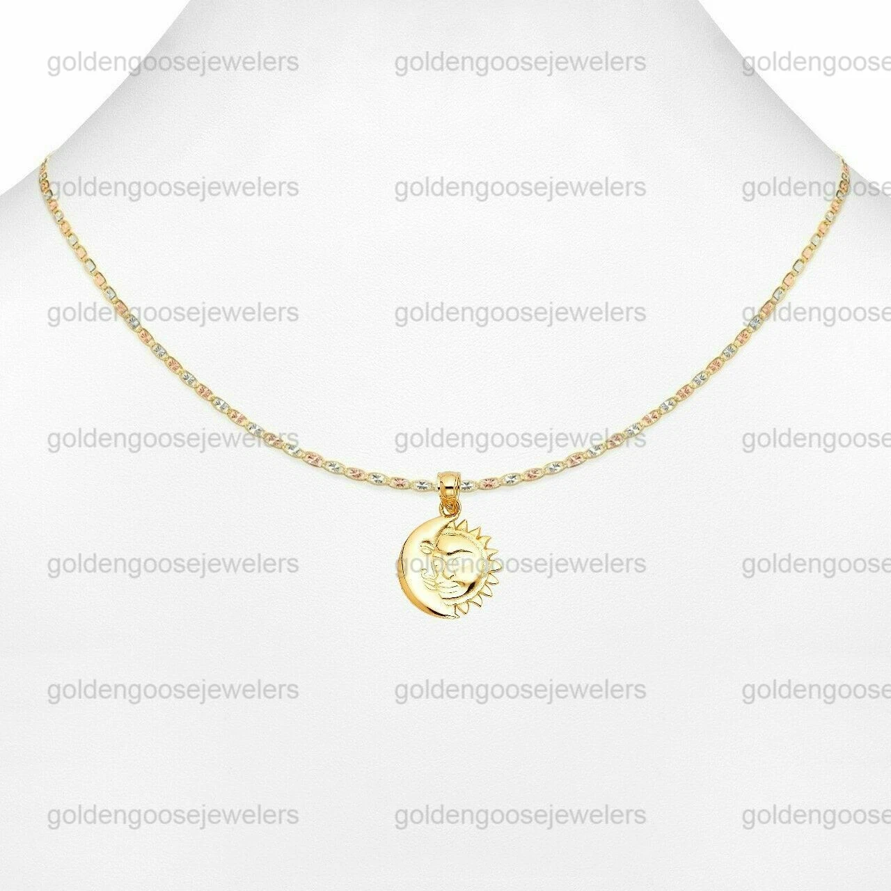Ciondolo in vero oro giallo 14 kt unisex luna e sole catena Valentino