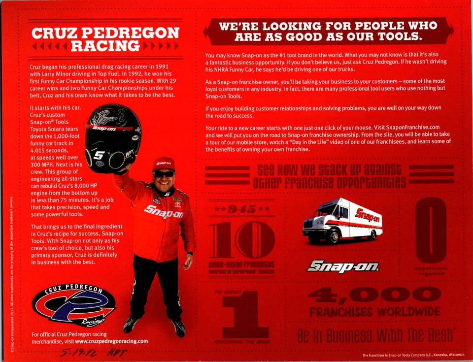 Cruz Pedregon 手工签名 8.5 x 11 卡片 2012 年 NHRA Snap-On 滑稽汽车 丰田 — 第 2/2 张图片
