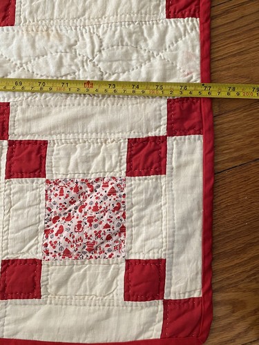 Fantastica Trapunta Vintage Blocco Nove Patch Cucita a Mano Casale Rosa Rosso 77" x 89" - Foto 18 di 21