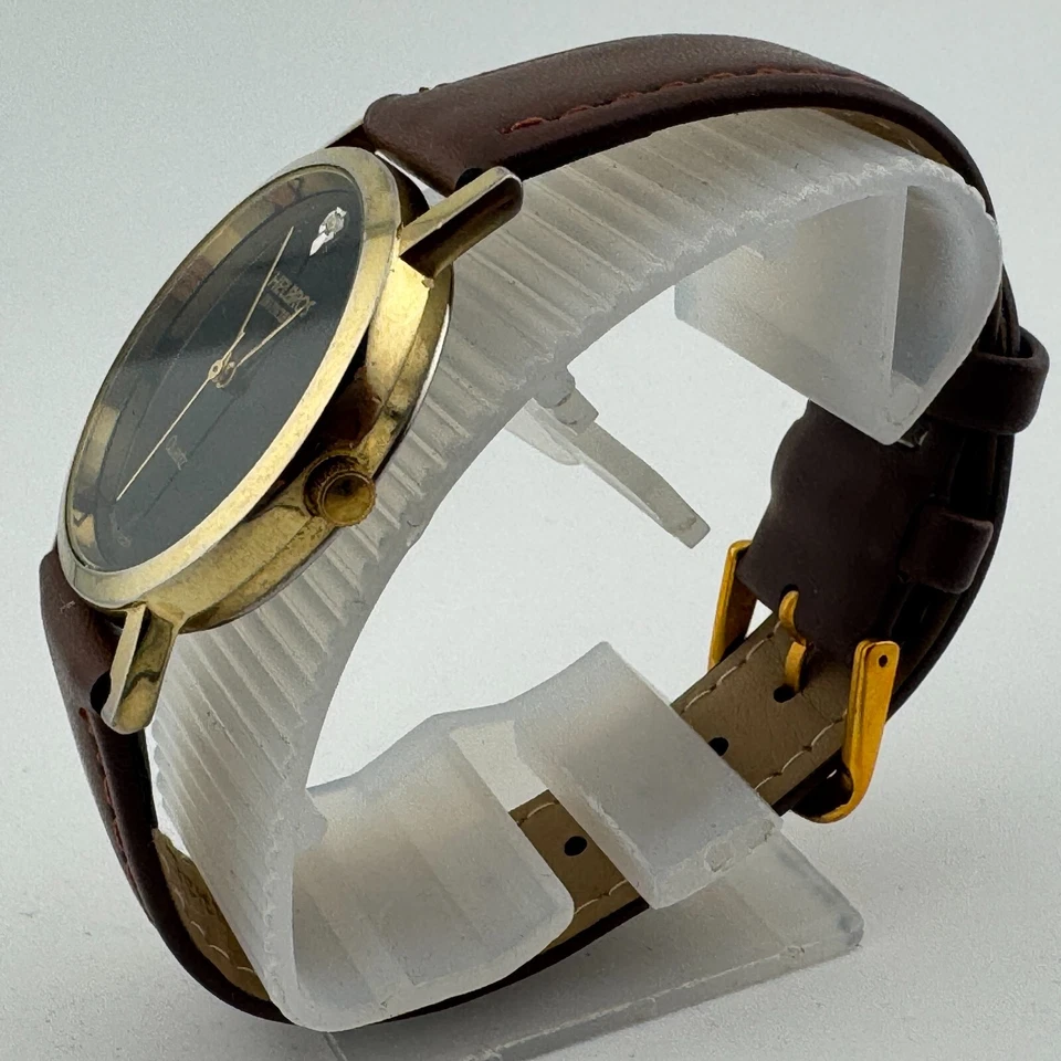 复古 Helbros 石英手表 男女通用 金色 黑色 钻石皮革 全新电池 — 第 4/4 张图片