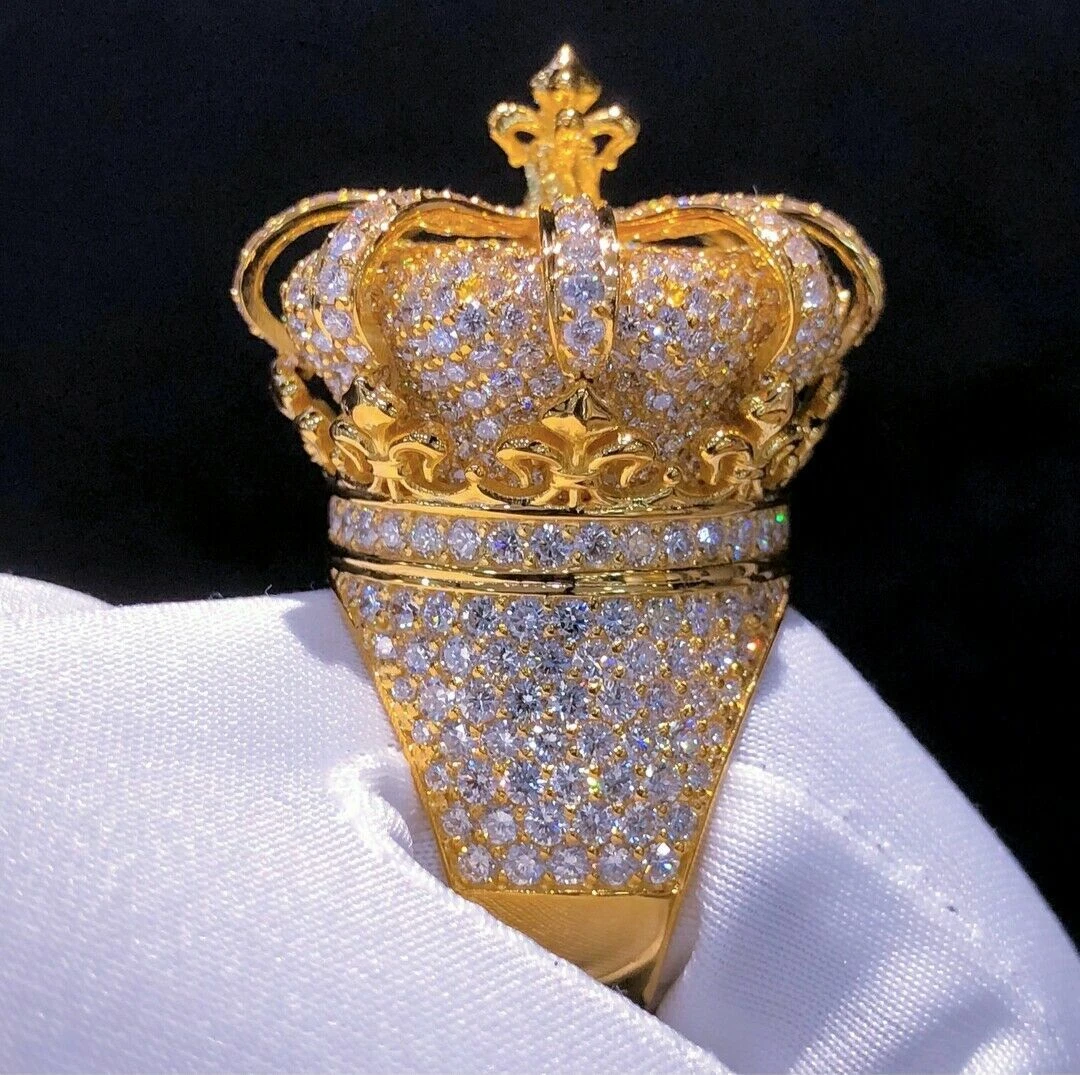 Men s Large Hip Hop Crown Ring 1.3ct Simulated Diamond 14K Yellow