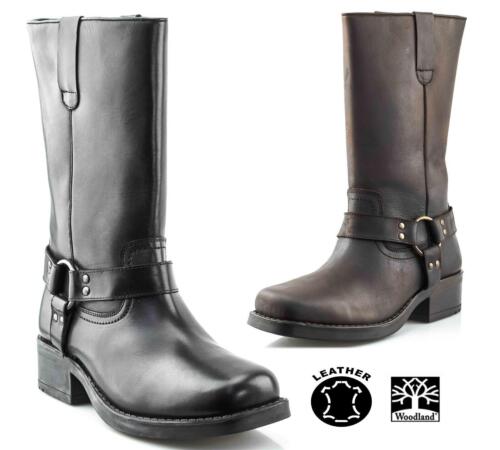 Mens Leather Pull On Western Harness High Leg Biker Riding Boots Shoes Size - Afbeelding 1 van 14
