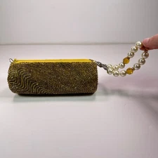 Yilin Gold Beaded Evening Bag Clutch with Faux Pearl Wristlet
