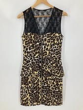 Guess Animal Print Zip Front Dress Lace Detail Peplum Size Uk 6 Eu 38 Vgc #D5