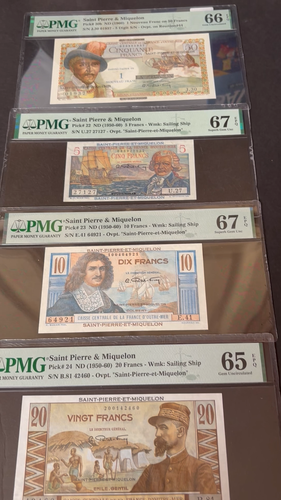 SAINT PIERRE & MIQUELON, 50 FRANC OVERPRINT on REUNION #44 1 NF 1960 PMG 66 EPQ - Video 1 of 1