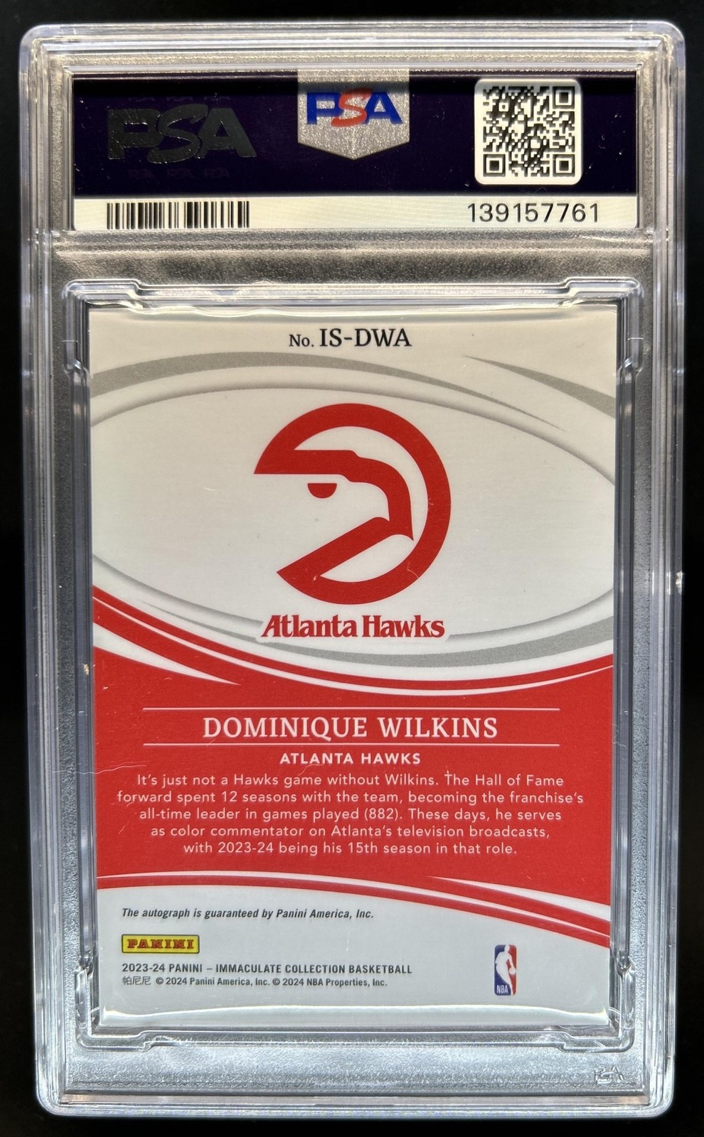 2023-24 Panini Immaculate Dominique Wilkins Signatures Red Auto #/25 PSA 7 8 view 2