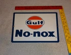 VINTAGE GULF NO NOX GASOLINE DOG EARED 11" PORCELAIN METAL OIL ADVERTISING SIGN