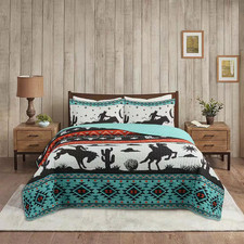 ME501 Southwestern Green/Multi Cowboy Queen Polyester Quilt Bedspread Set