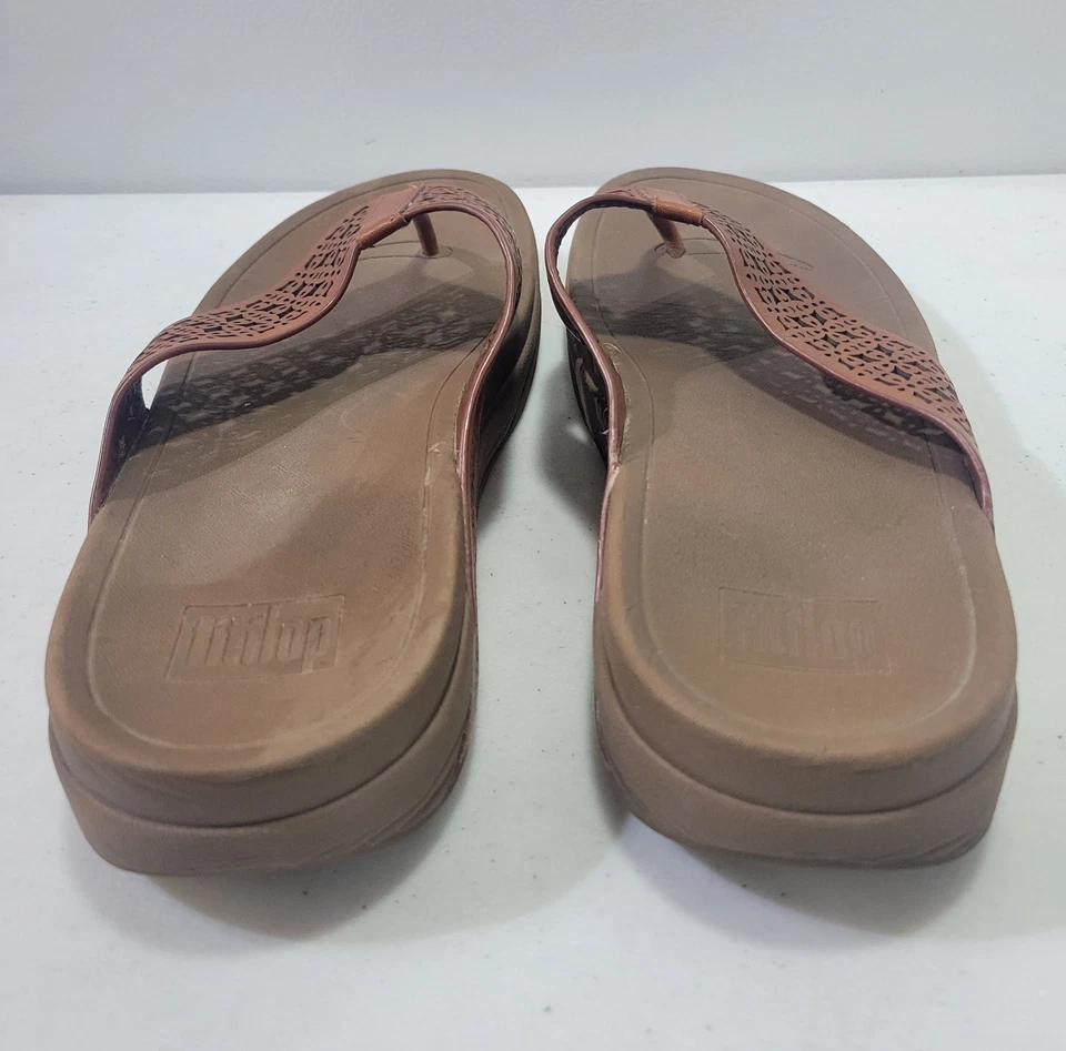 Sandalias FitFlop Lattice Surfa Marrón Corte Láser Cuero Tanga Deslizables Talla 11 Foto 4 de 4
