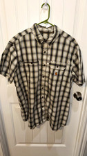 Carhartt Men’s XXL Relaxed Fit Short Sleeve Plaid Button Down Shirt Gray White