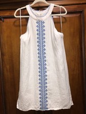 Sigrid Olsen 100% Linen Dress M Medium White Blue Embroidered Halter Shift Boho