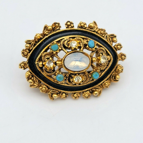 VTG FLORENZA Opal Turquois & Rhinestone Designer Pin Brooch 1 1/4"x 7/8" Goldton - Picture 4 of 6
