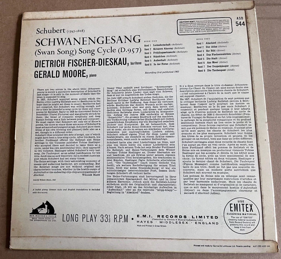 ASD 544 Schubert Schwanengesang Fischer-Dieskau W/G - Image 2 of 2
