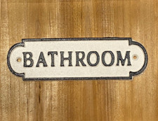 Bathroom Sign Cast Iron White with Black Raised Letters  Trim 7.25" Restroom
