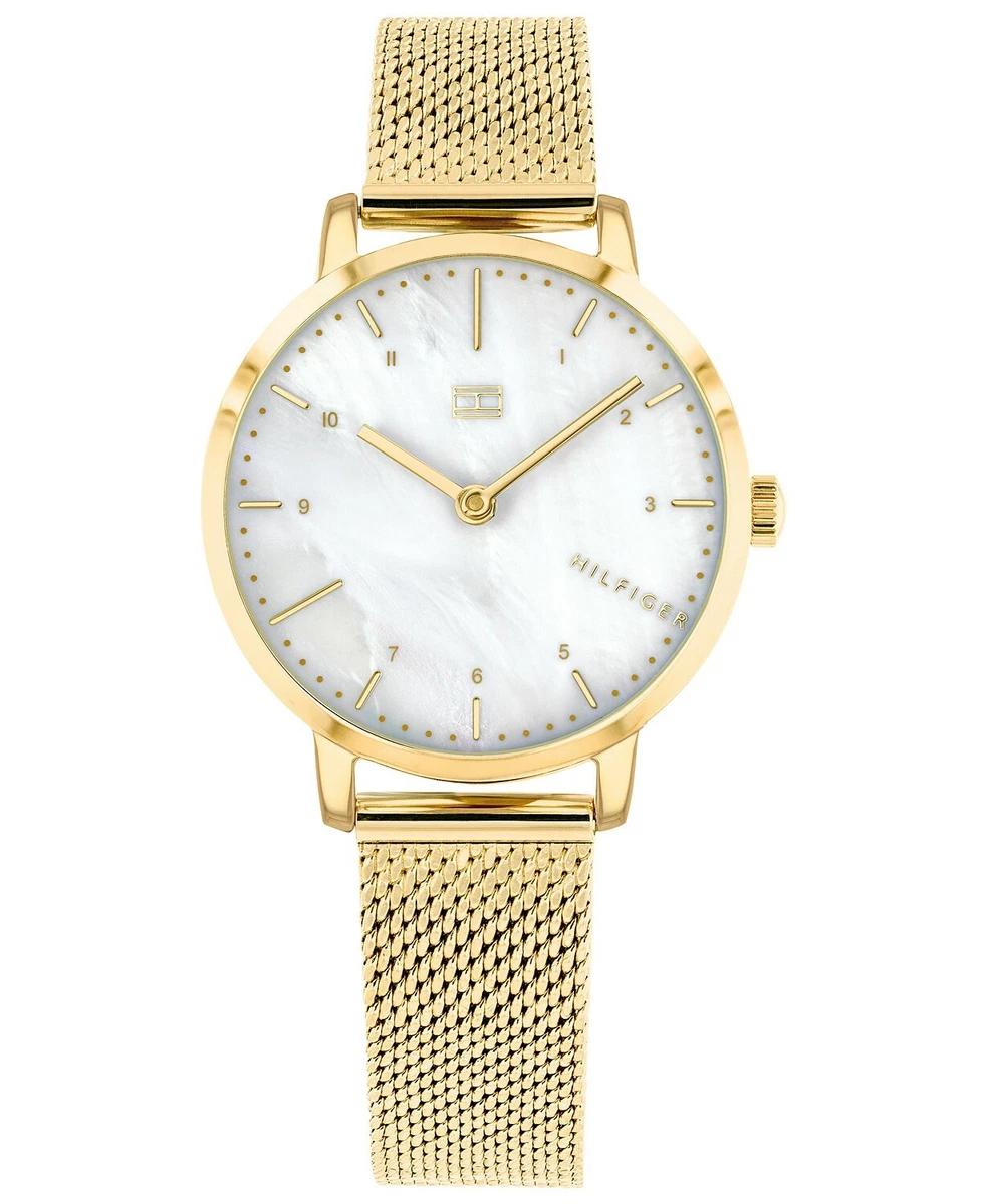 Tommy Hilfiger Lily 1782043 Yellow Gold Tone White MOP Dial Mesh Womens Watch