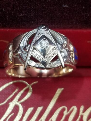 Antique 14K Yellow 10K White Gold Masonic Diamond Ring VINTAGE Size 10.5 ESTATE - Picture 1 of 8