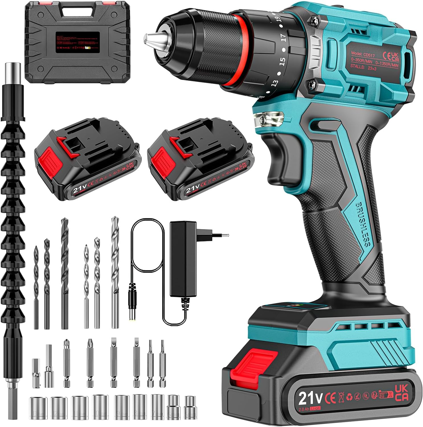 Brushless Trapano Avvitatore Batteria 21V, Trapano Percussione con Batterie, tra