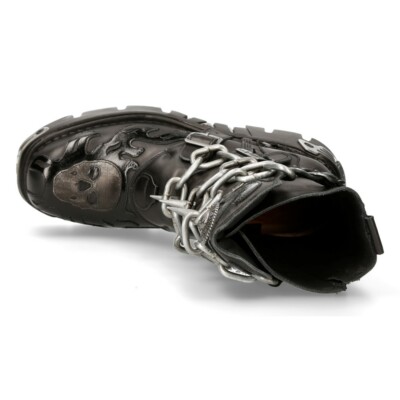 New Rock Unisex M.727-S1 Black Leather Boots Skull Chain Flame