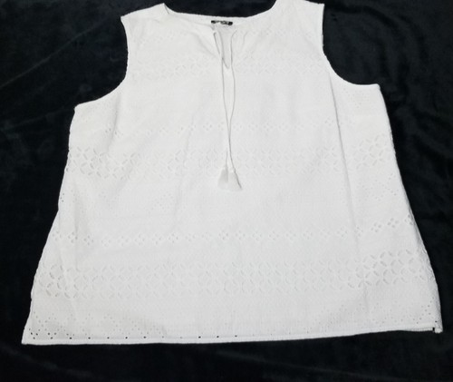 TALBOTS Tie Neck Eyelet Tunic Top PL Sleeveless Blouse White Lined Cotton MINT - Picture 6 of 15