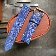 Blue Quick Release Stingray Watch Strap, Men Leather Watch Band, Hand Stitching