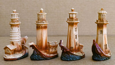 Ebros 3.5''Tall Marine Scenic Lighthouse By The Ocean Set Of 4 Miniature Figurine