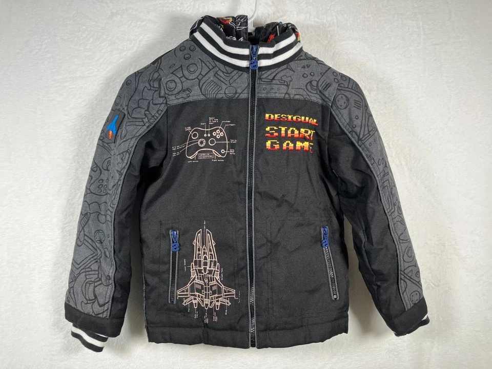 Desigual Black Gamer Jacket Zip Up Coat Size 7 / 8 Gray Video Game Print Hooded - Image 2 of 4
