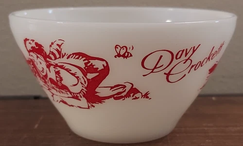 Vintage 1950s Fire King Davy Crockett Milk Glass Red Print Bowl