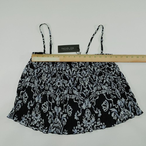 Rachel Zoe Black & Gray Floral Print Pleated Cami Top Spaghetti Straps Size M - Picture 3 of 8