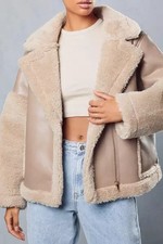Misspap Womens Jacket Stone Contrast Borg Detail Aviator Size 14