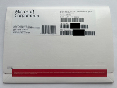 MS Windows Server 2022 Standard 64 Bit 16 Core (Kerne) DVD Deutsch NEU P73-08330
