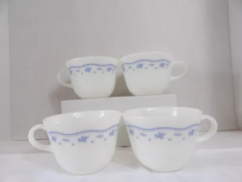 CORNING CORELLE  PYREX MORNING BLUE COFFEE TEA CUPS MUGS SET 4 VTG Milk Glass