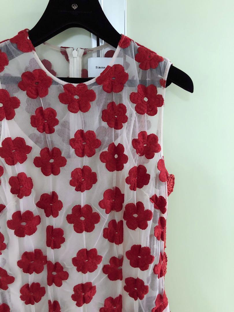 Simone Rocha] Pink x red flower embroidered tulle dress | eBay