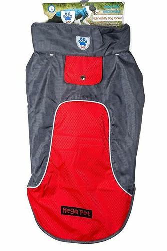 Mega Pet Insulated Waterproof Breathable High Visibility Dog Jacket -Size Large - Grey and Red