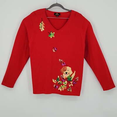 Womens Red Casual Festive Long Sleeve Sweater Sequin Embellishments Leaves Puppy